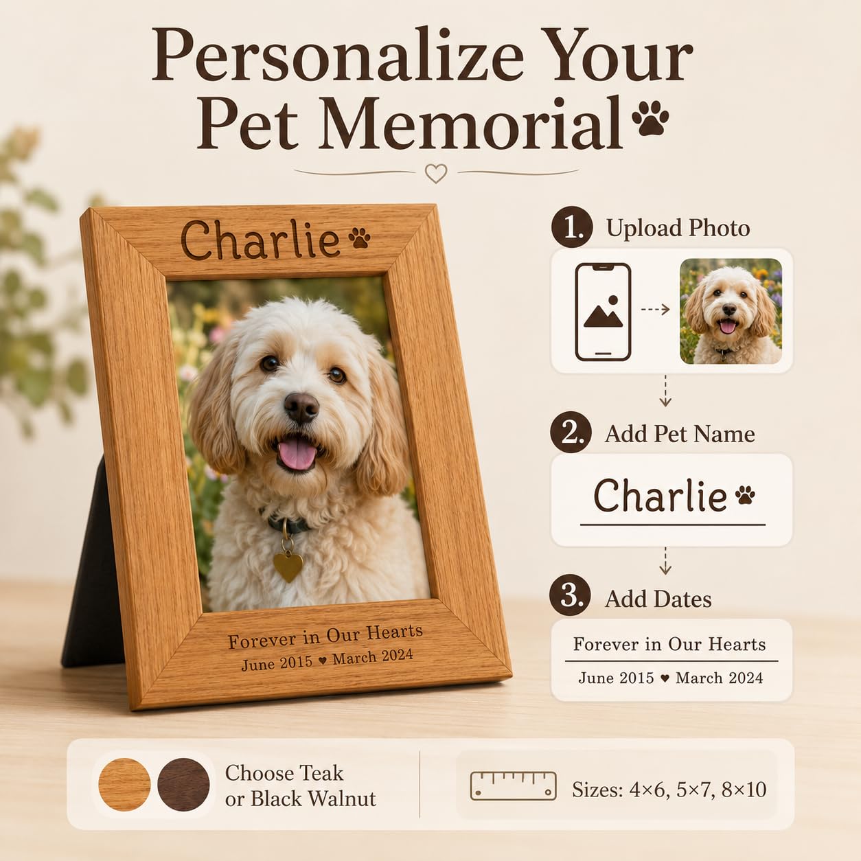 Personalized Pet Memorial Frame, Custom Photo, Teak or Black Walnut