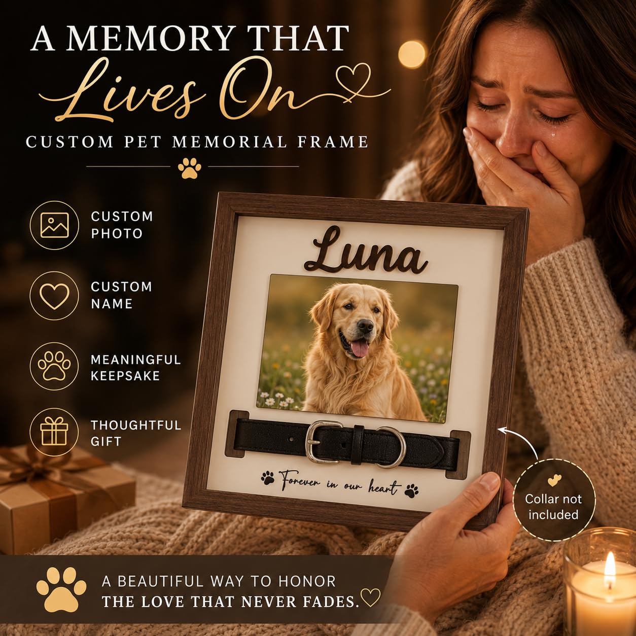 Pet Memorial Frame with Collar Slot, Custom Walnut Teak Wood Dog Cat Gift