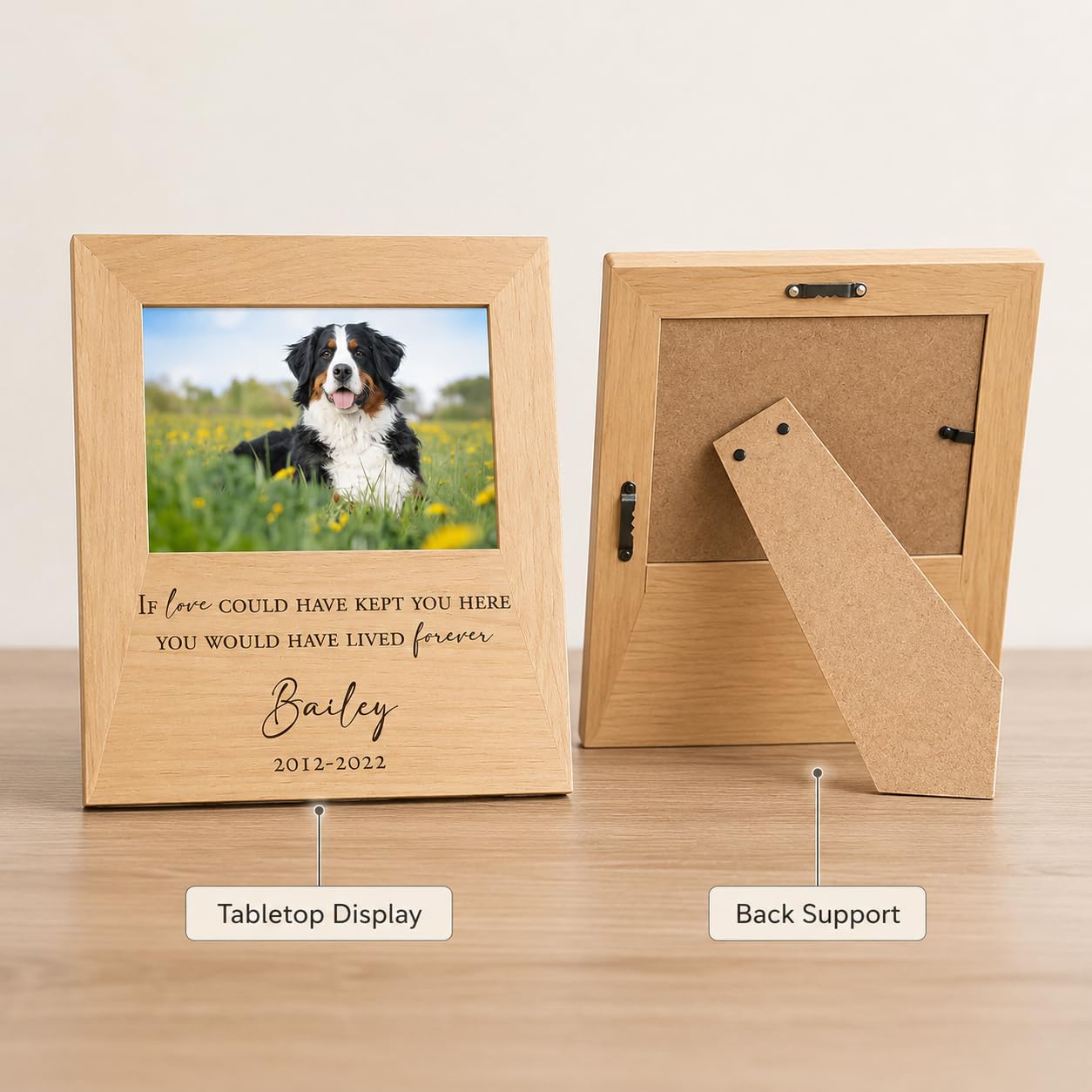 Personalized 5x7 Solid Wood Pet Memorial Frame, Engraved Dog Cat Loss Gift