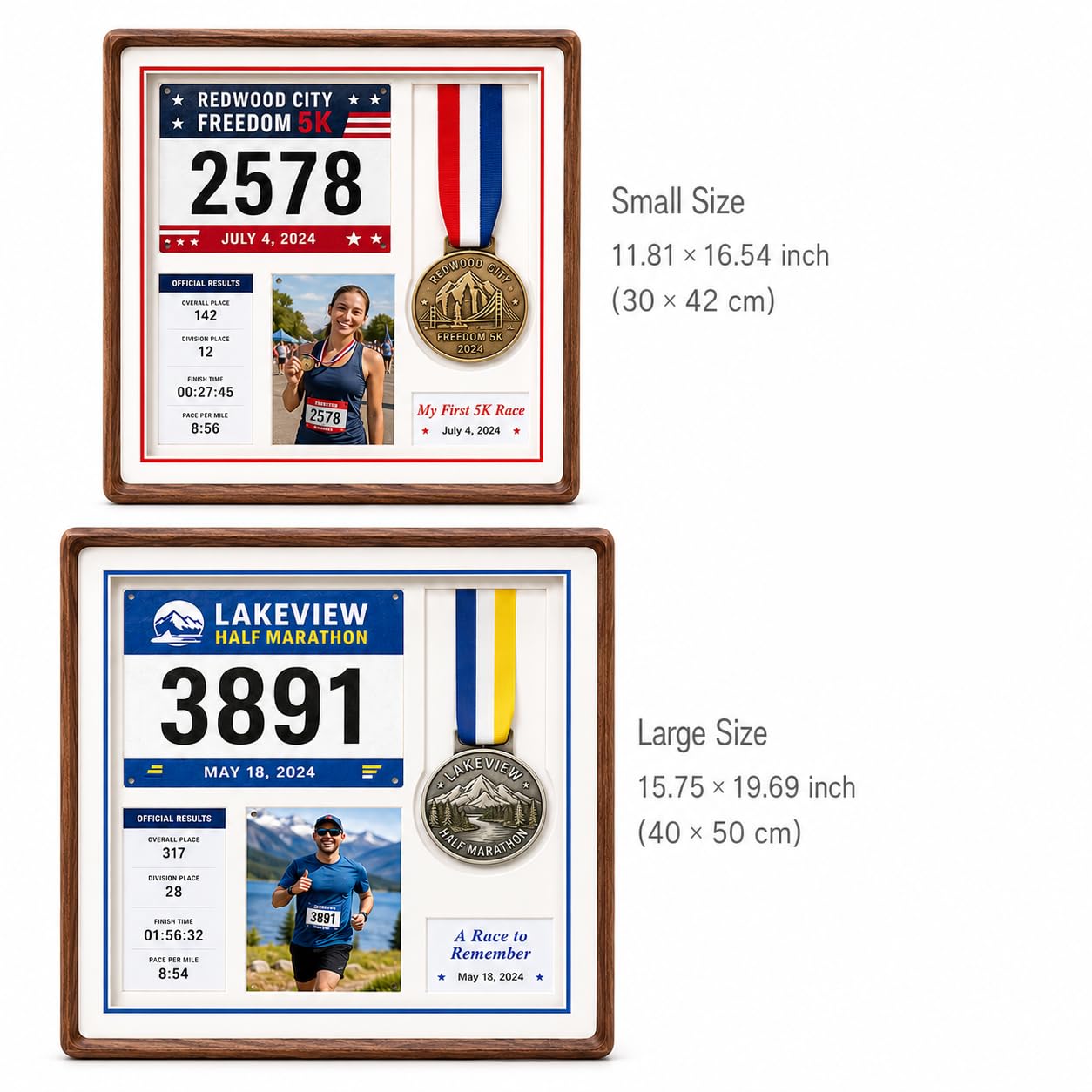 Custom Wood Medal Shadow Box, Race Bib Display for Marathon Running Cycling