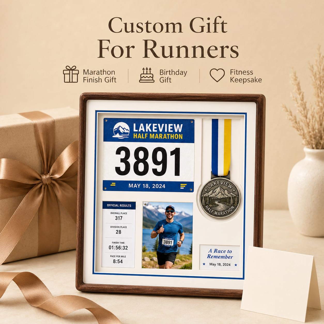 Custom Wood Medal Shadow Box, Race Bib Display for Marathon Running Cycling