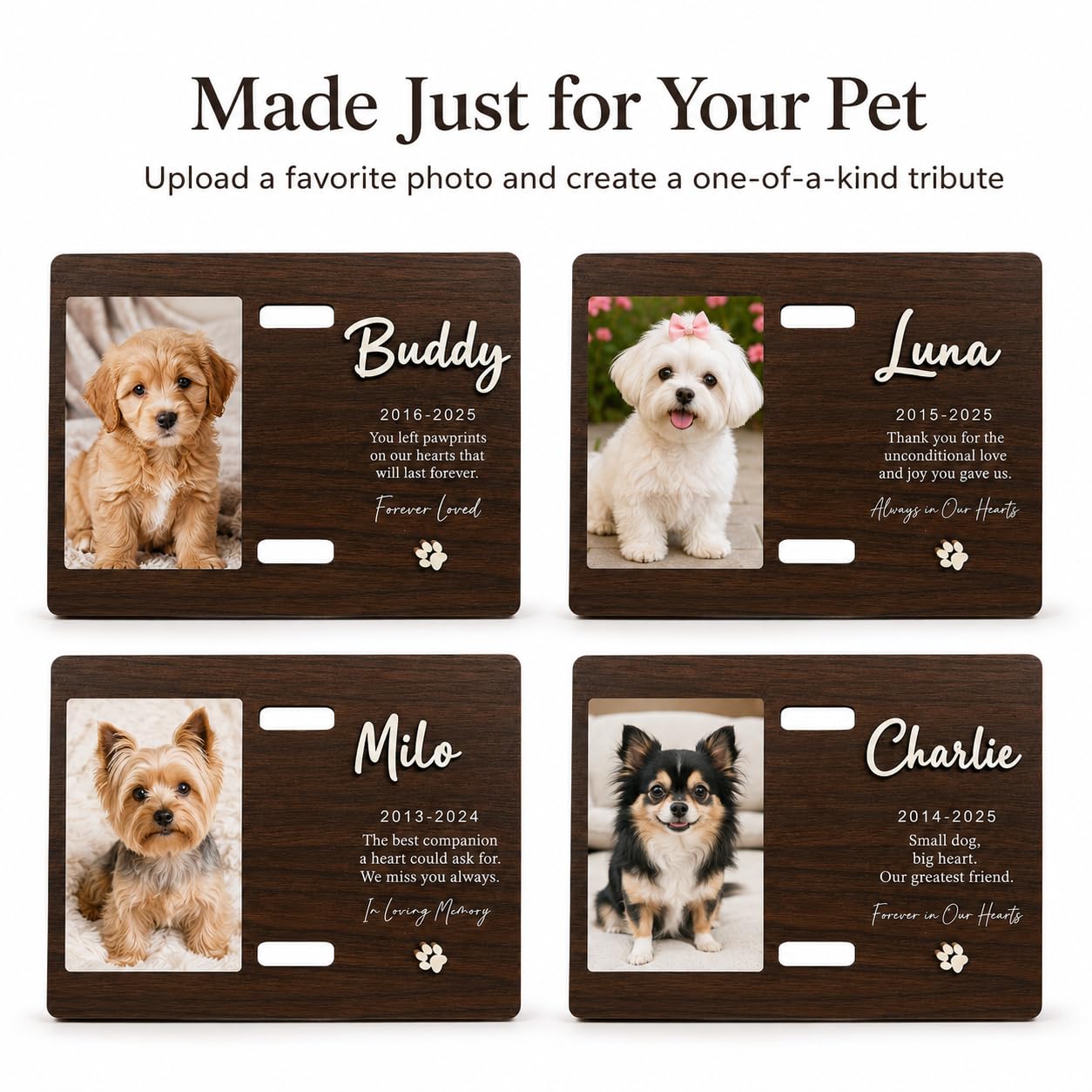 Custom Wood Dog Memorial Frame with Collar Slot, Engraved Name Pet Gift