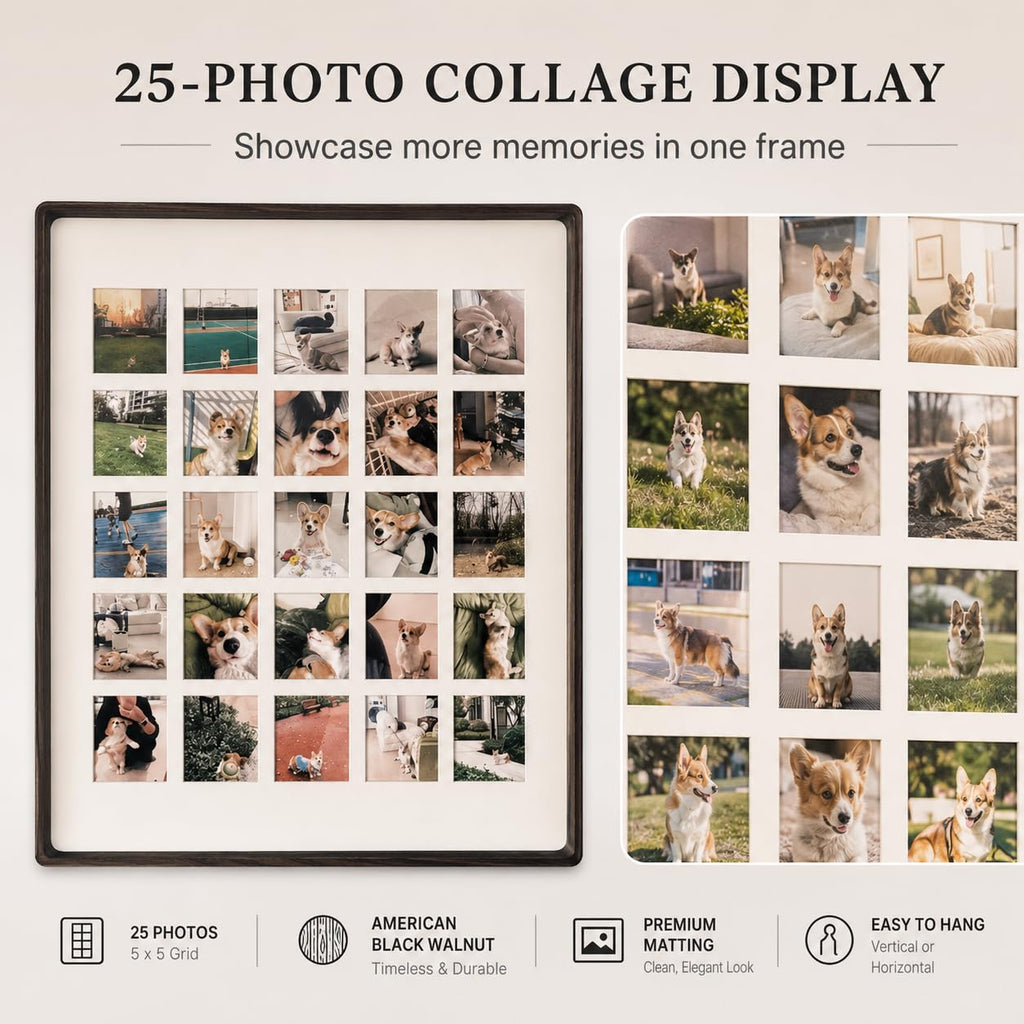 Custom Solid Wood 8-Grid Pet Photo Frame, Walnut Teak, 4 Sizes Wall Dog Cat