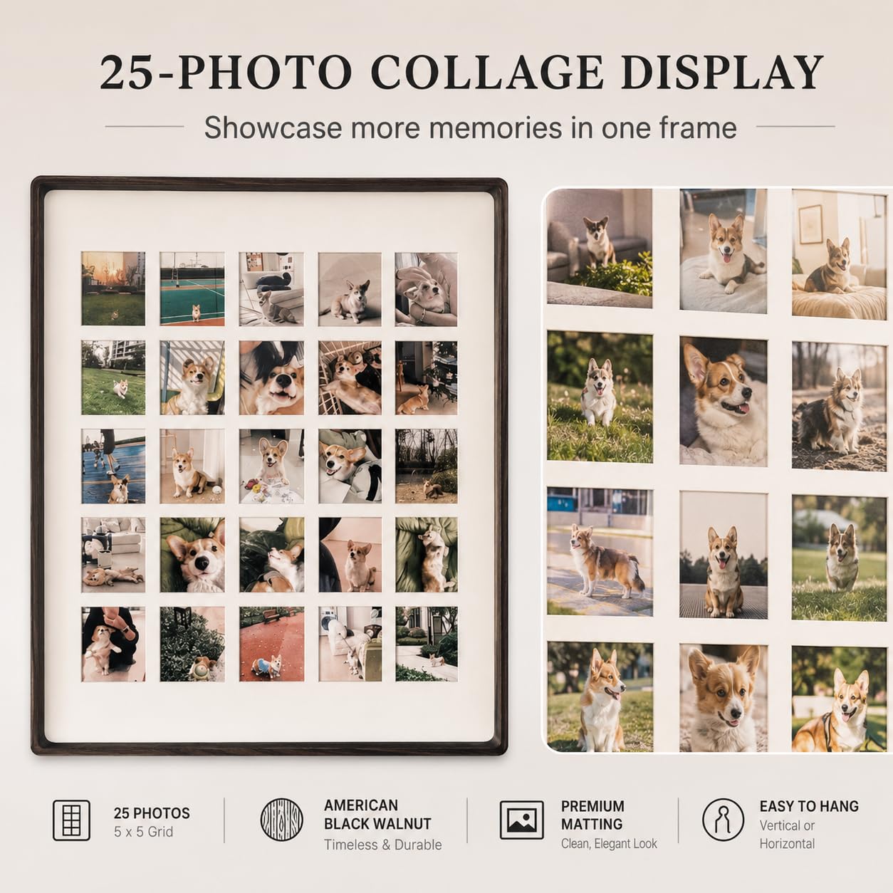 Custom Solid Wood 8-Grid Pet Photo Frame, Walnut Teak, 4 Sizes Wall Dog Cat