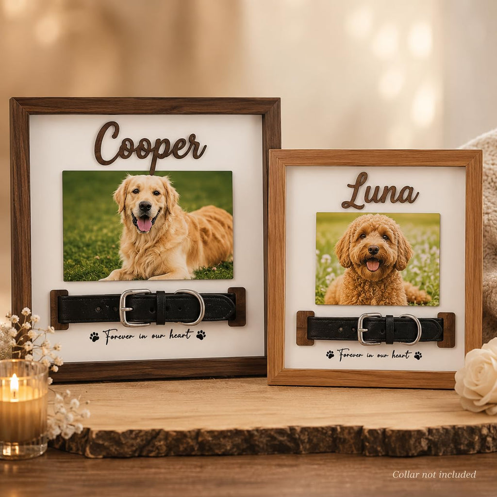 Pet Memorial Frame with Collar Slot, Custom Walnut Teak Wood Dog Cat Gift