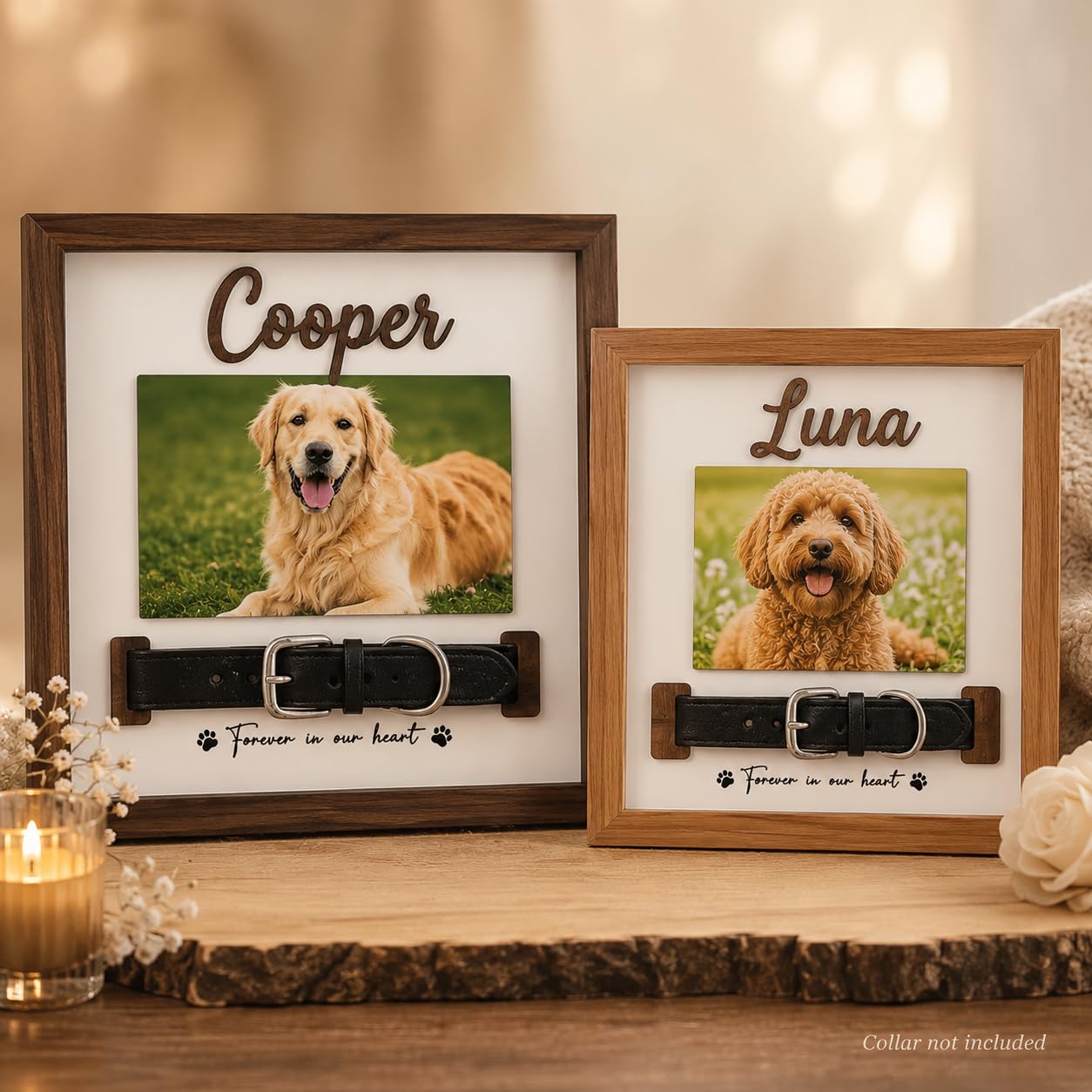 Pet Memorial Frame with Collar Slot, Custom Walnut Teak Wood Dog Cat Gift