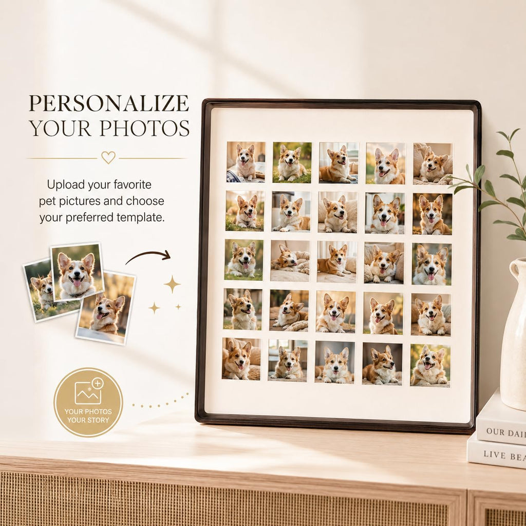 Custom Solid Wood 8-Grid Pet Photo Frame, Walnut Teak, 4 Sizes Wall Dog Cat