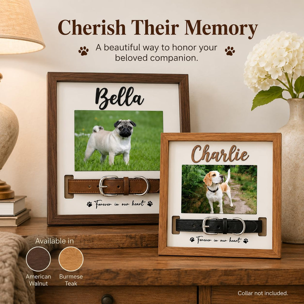 Pet Memorial Frame with Collar Slot, Custom Walnut Teak Wood Dog Cat Gift