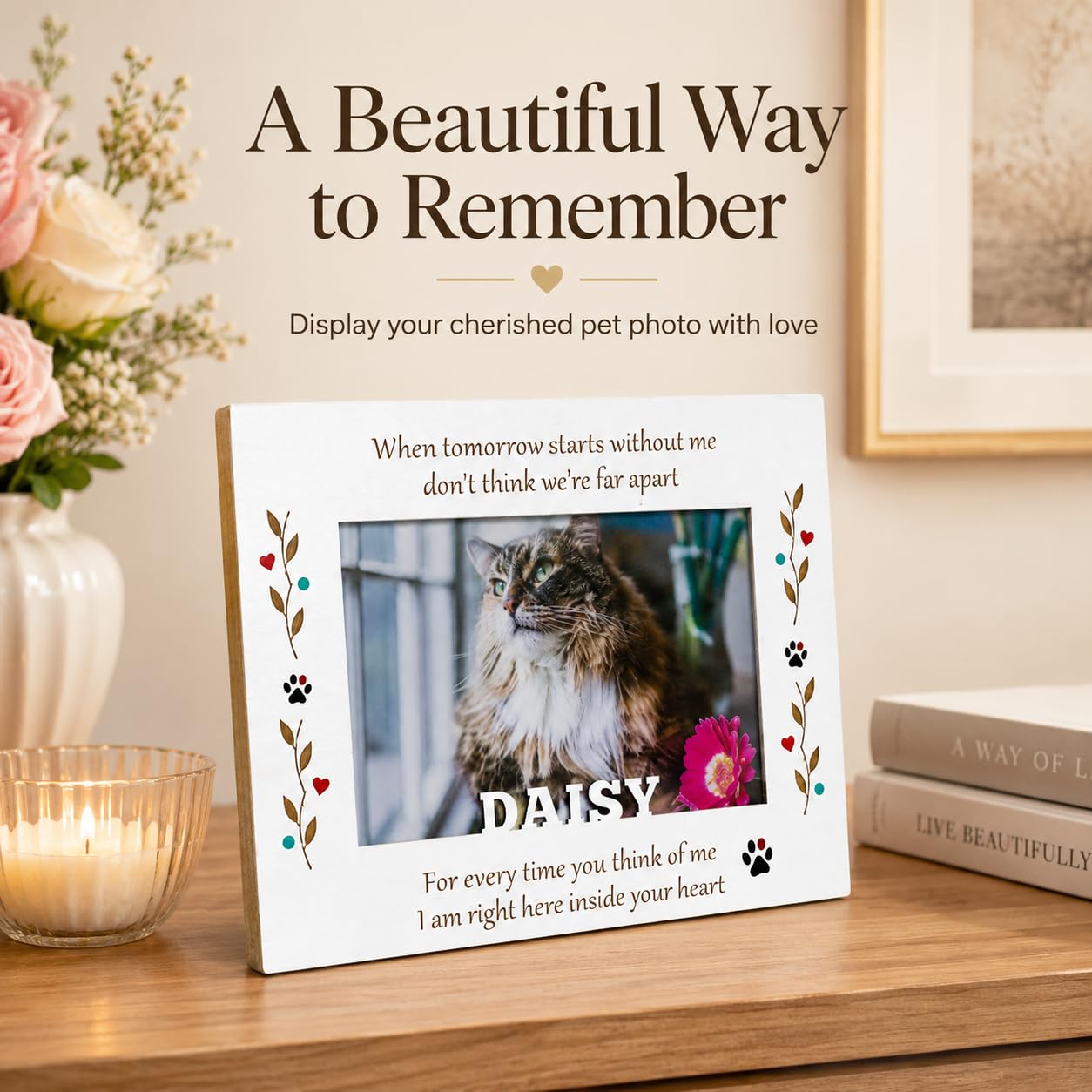 Custom Solid Wood Pet Memorial Frame, Engraved Name 4x6 Dog Cat Loss Gift