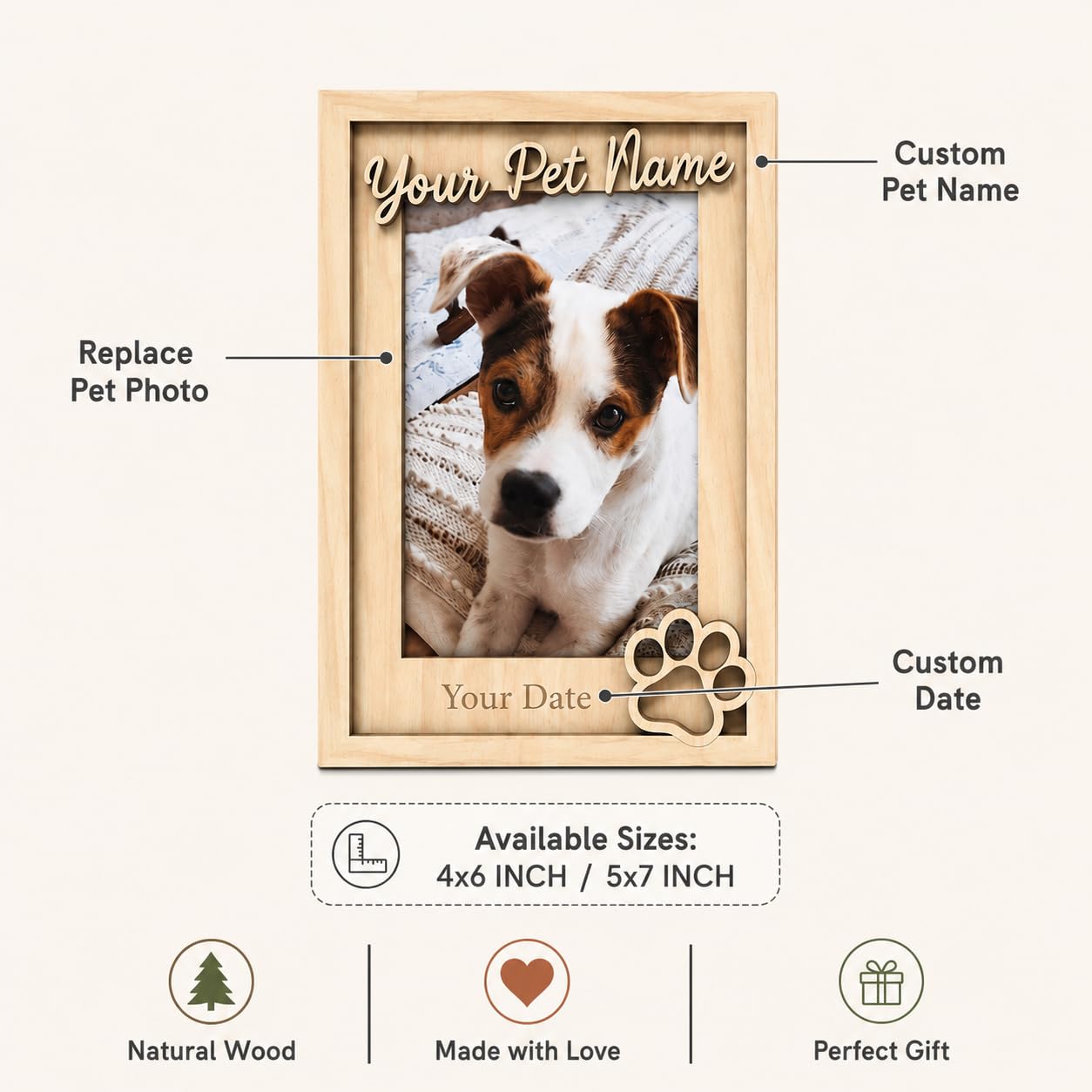 Custom Pet Memorial Photo Frame, Engraved Name Date, Paw Print 4x6 5x7 Gift