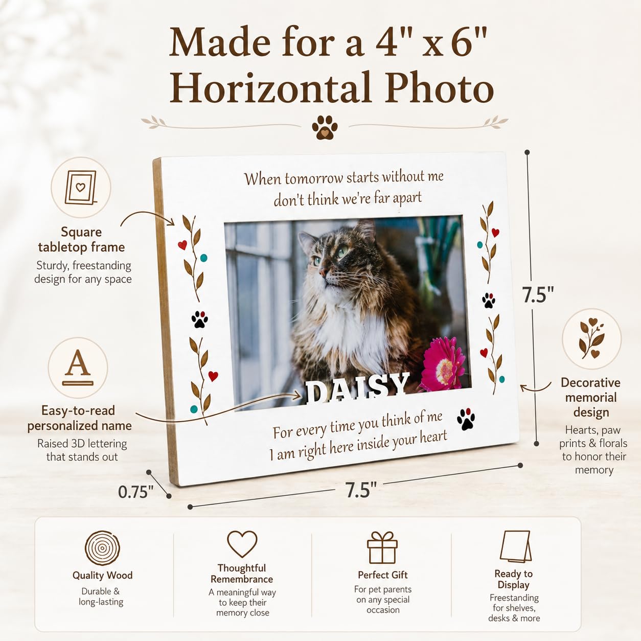 Custom Solid Wood Pet Memorial Frame, Engraved Name 4x6 Dog Cat Loss Gift