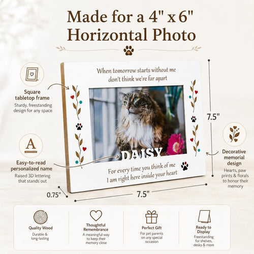 Custom Solid Wood Pet Memorial Frame, Engraved Name 4x6 Dog Cat Loss Gift