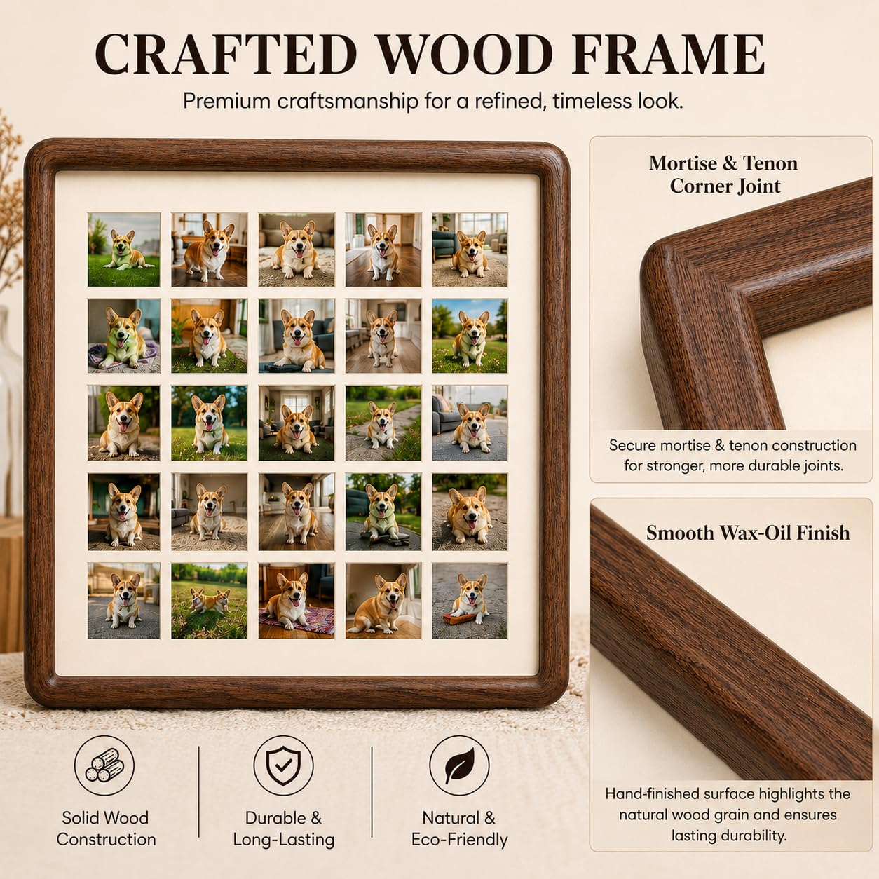 Custom Solid Wood 8-Grid Pet Photo Frame, Walnut Teak, 4 Sizes Wall Dog Cat
