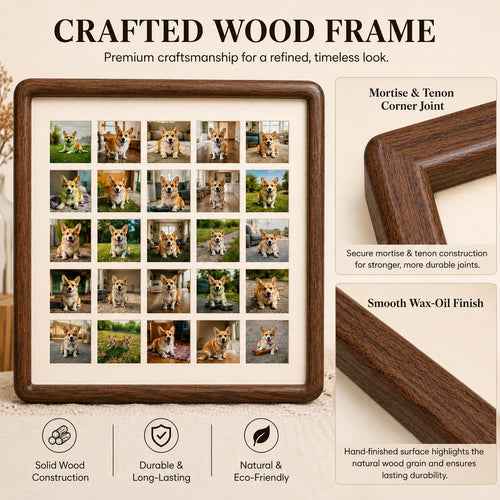 Custom Solid Wood 8-Grid Pet Photo Frame, Walnut Teak, 4 Sizes Wall Dog Cat