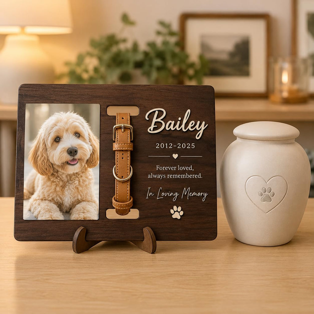 Custom Wood Dog Memorial Frame with Collar Slot, Engraved Name Pet Gift