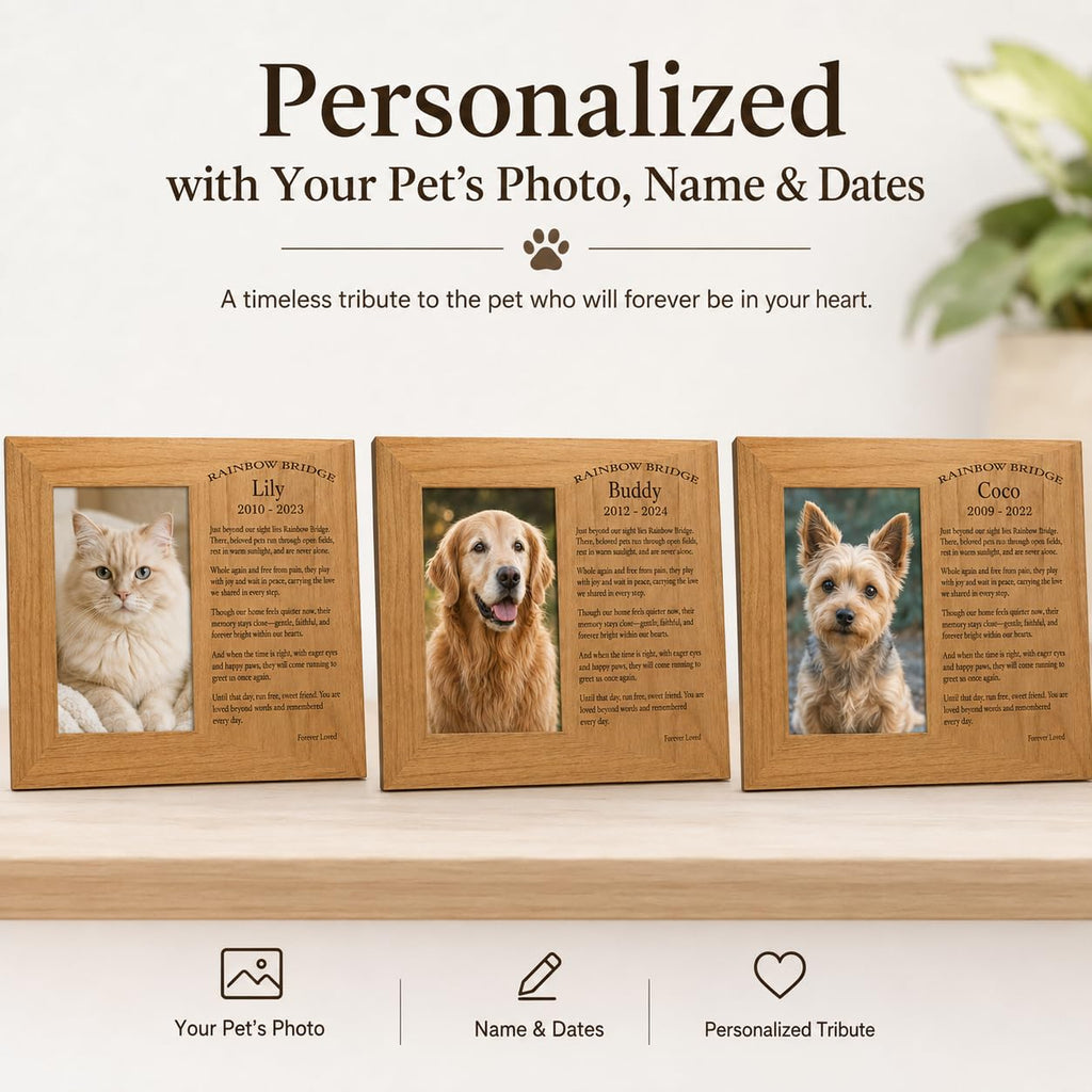 Custom Rainbow Bridge Pet Frame, Engraved Solid Wood 4x6 Dog Cat Loss Gift