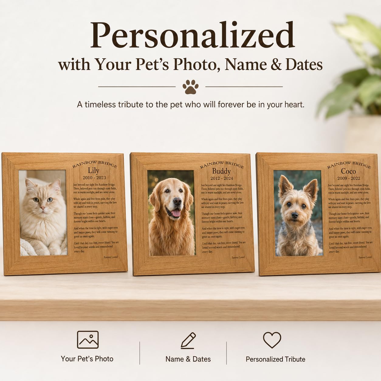 Custom Rainbow Bridge Pet Frame, Engraved Solid Wood 4x6 Dog Cat Loss Gift