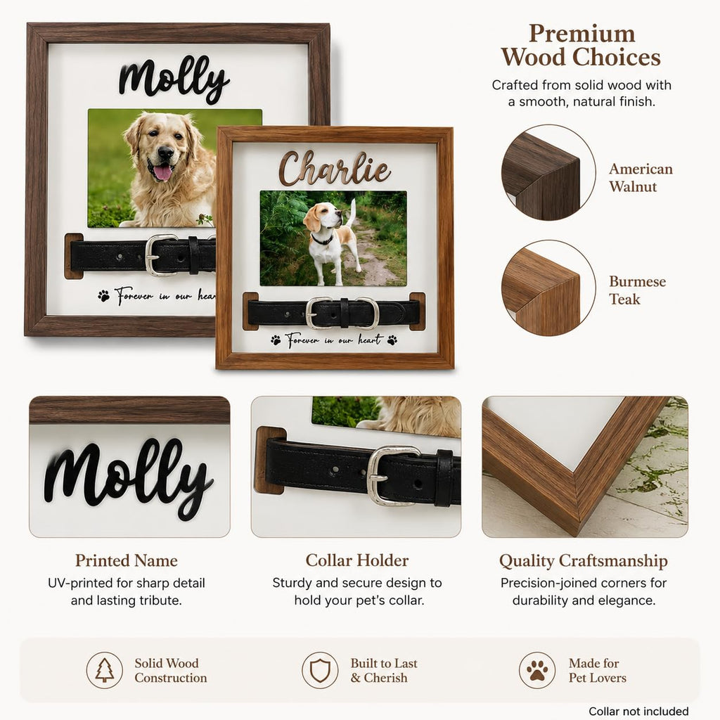 Pet Memorial Frame with Collar Slot, Custom Walnut Teak Wood Dog Cat Gift