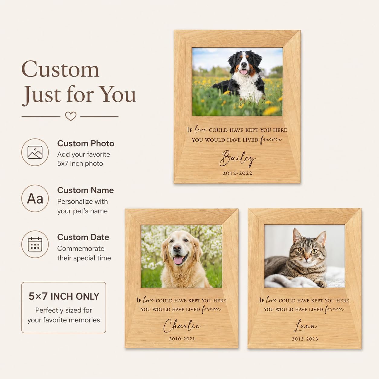 Personalized 5x7 Solid Wood Pet Memorial Frame, Engraved Dog Cat Loss Gift