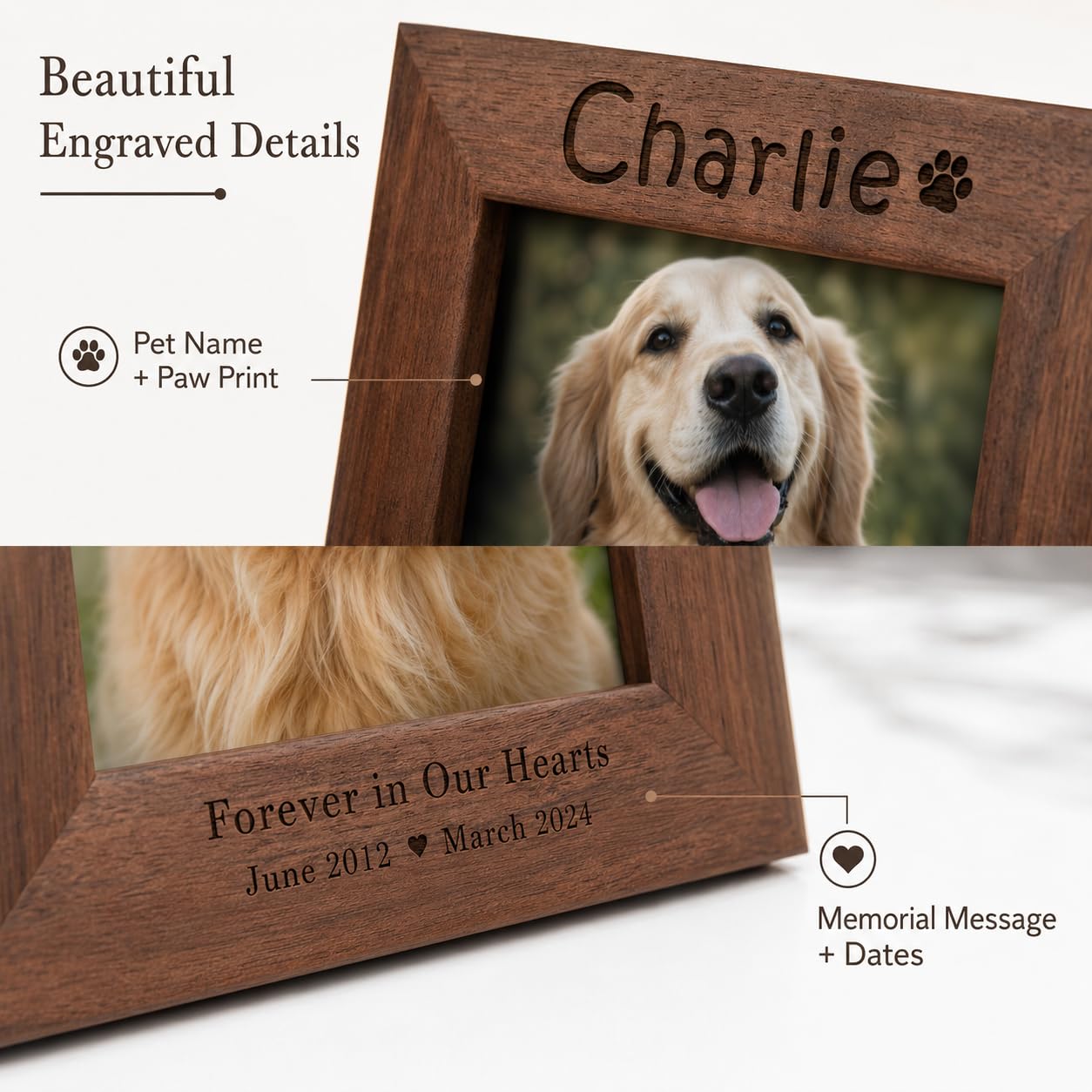 Personalized Pet Memorial Frame, Custom Photo, Teak or Black Walnut