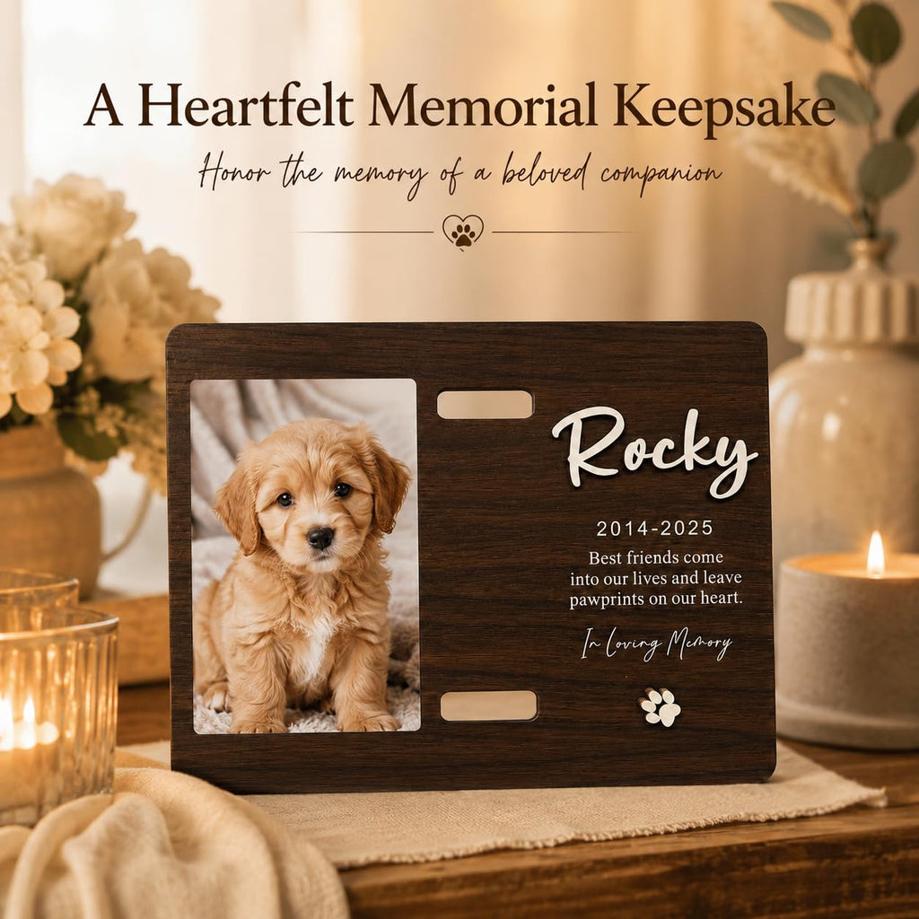Custom Wood Dog Memorial Frame with Collar Slot, Engraved Name Pet Gift