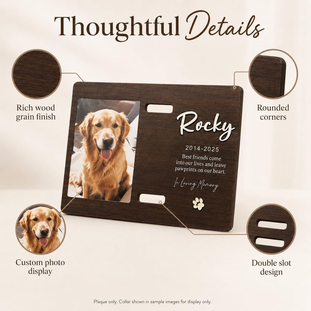 Custom Wood Dog Memorial Frame with Collar Slot, Engraved Name Pet Gift
