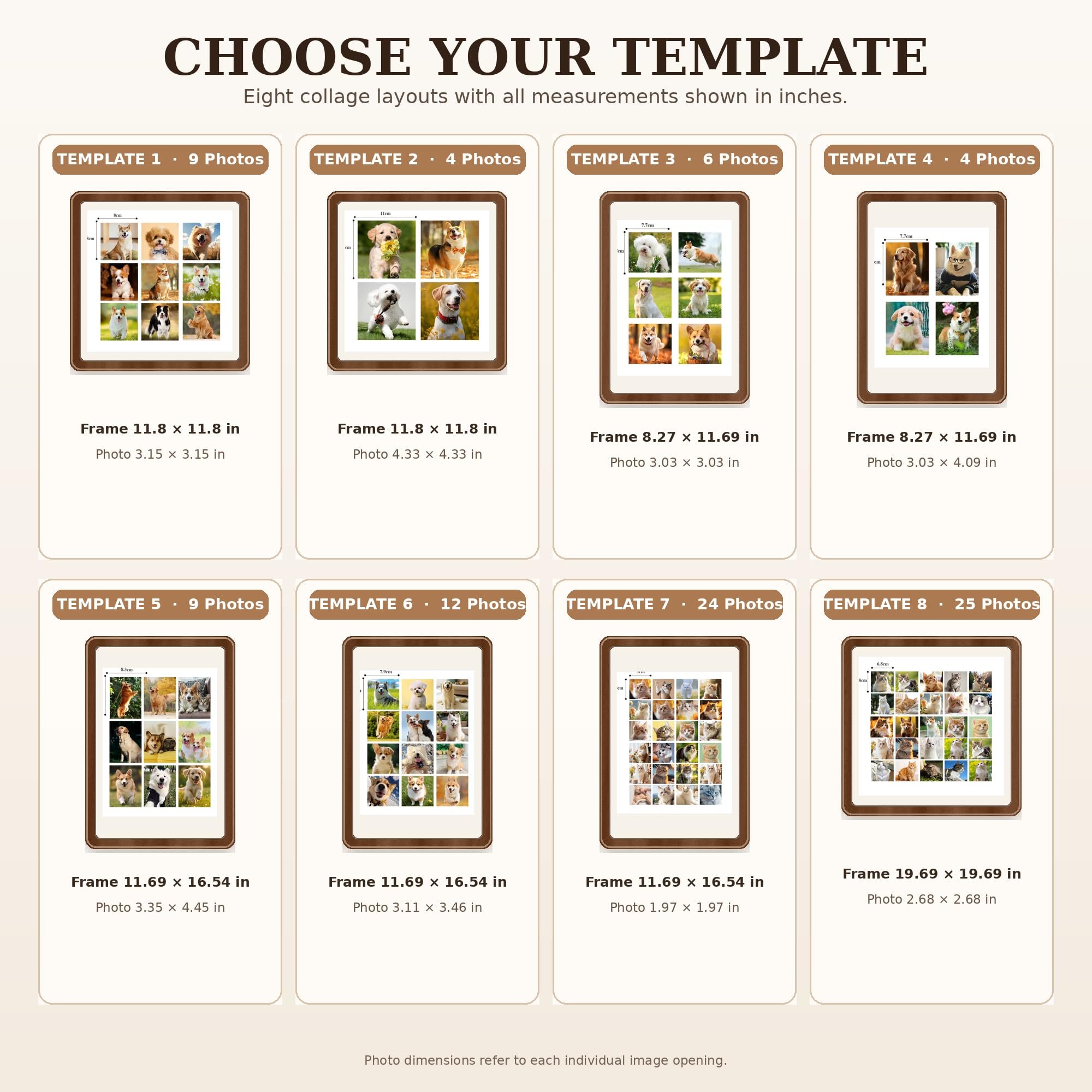 Custom Solid Wood 8-Grid Pet Photo Frame, Walnut Teak, 4 Sizes Wall Dog Cat