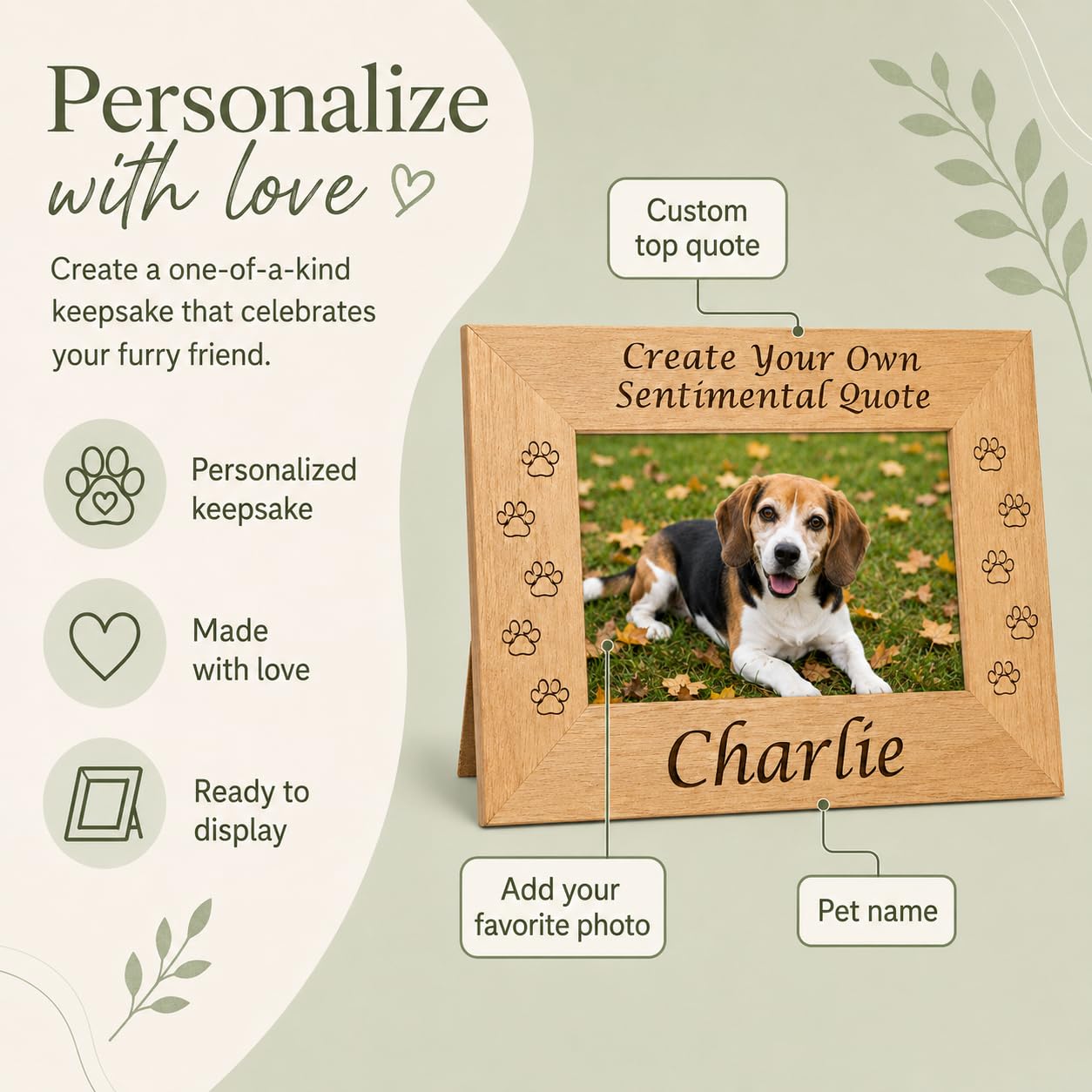 Custom Wood Pet Memorial Frame, Engraved Name Quote 4x6 Dog Cat Loss Gift