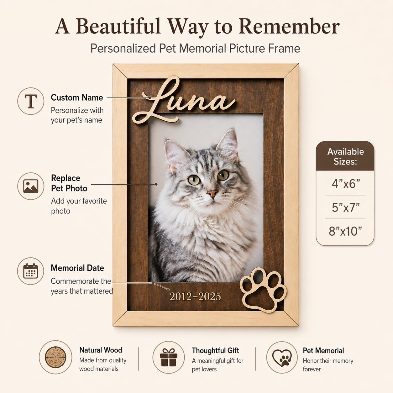 Personalized Cat Memorial Picture Frame, Custom Name Date, 4x6 5x7 8x10