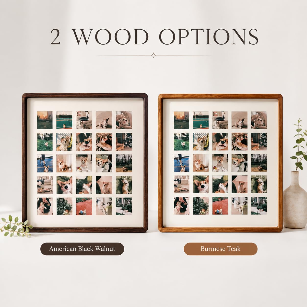 Custom Solid Wood 8-Grid Pet Photo Frame, Walnut Teak, 4 Sizes Wall Dog Cat