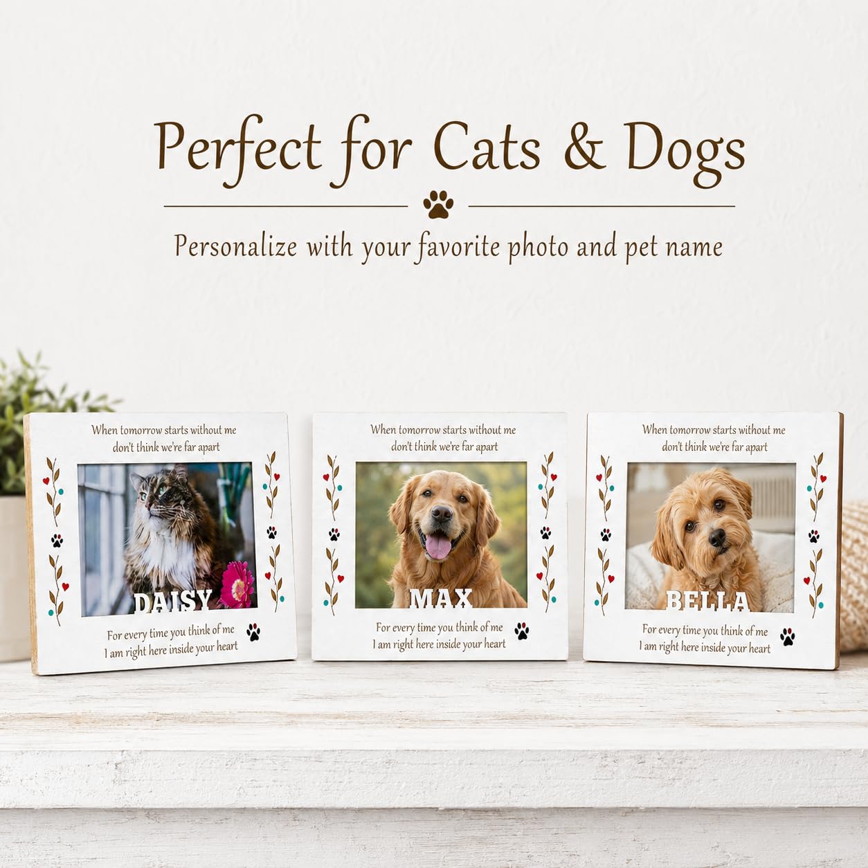 Custom Solid Wood Pet Memorial Frame, Engraved Name 4x6 Dog Cat Loss Gift