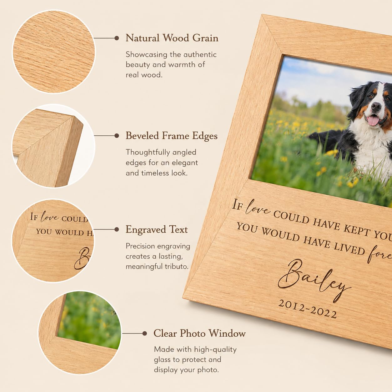 Personalized 5x7 Solid Wood Pet Memorial Frame, Engraved Dog Cat Loss Gift