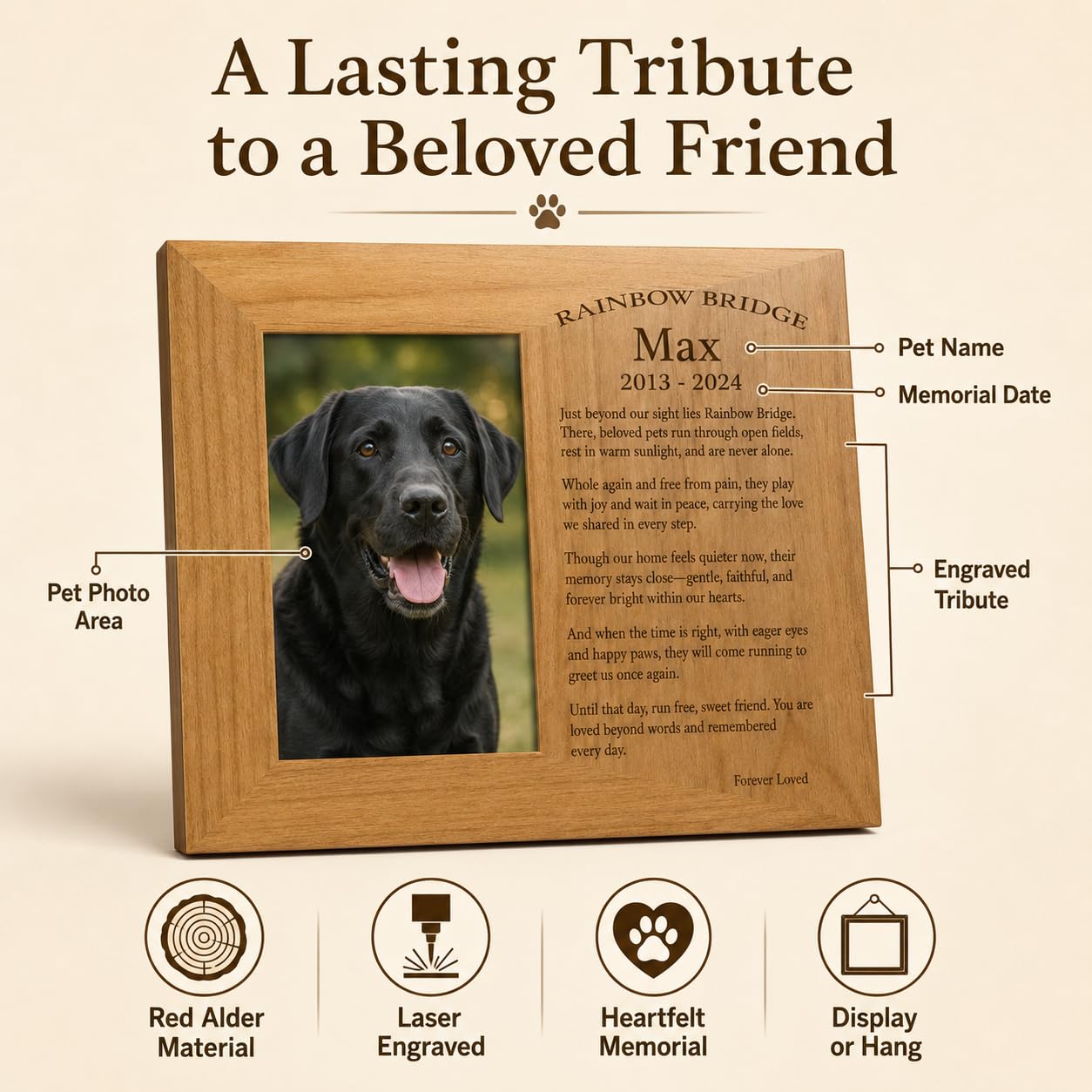 Custom Rainbow Bridge Pet Frame, Engraved Solid Wood 4x6 Dog Cat Loss Gift