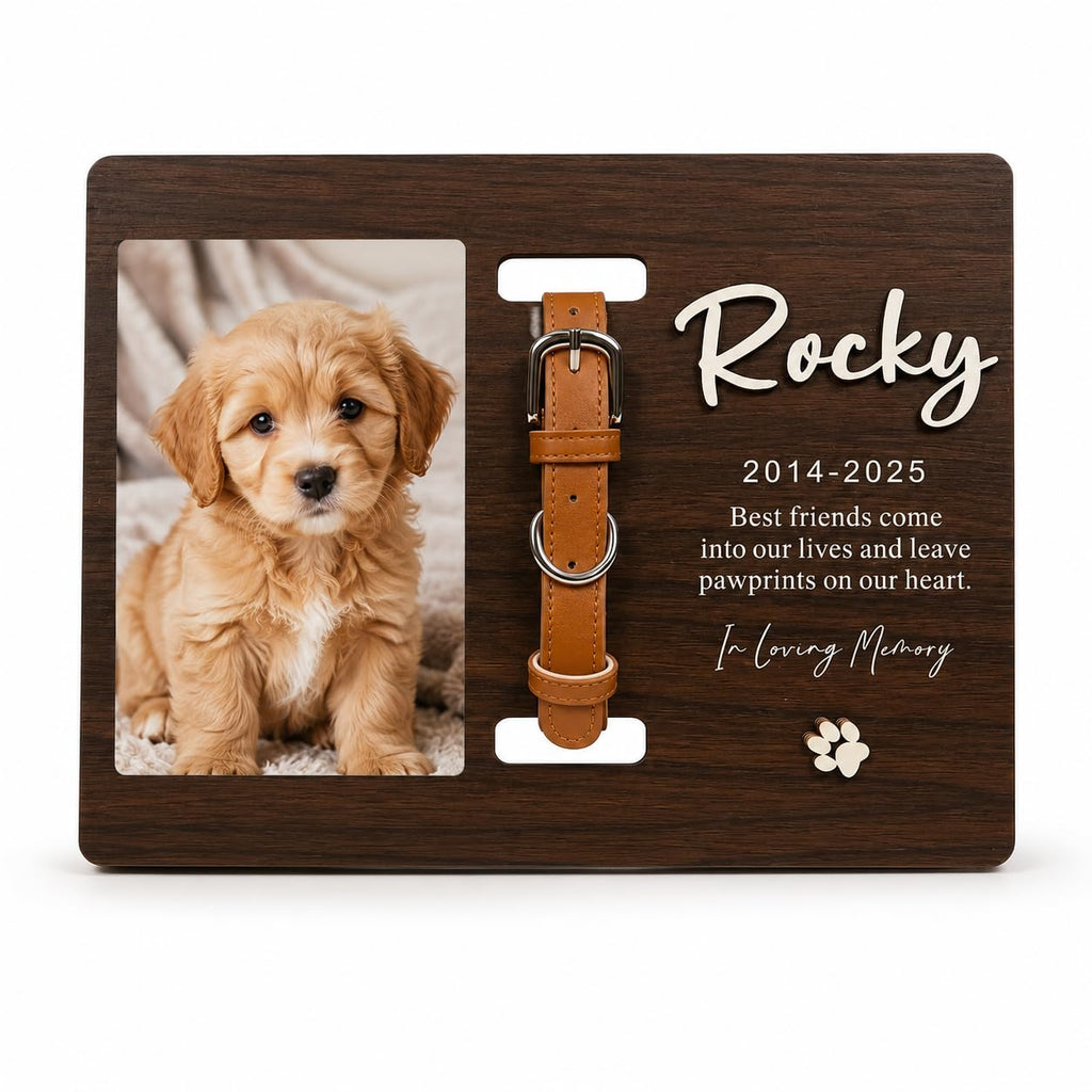 Custom Wood Dog Memorial Frame with Collar Slot, Engraved Name Pet Gift