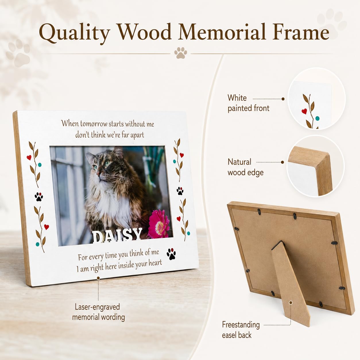Custom Solid Wood Pet Memorial Frame, Engraved Name 4x6 Dog Cat Loss Gift