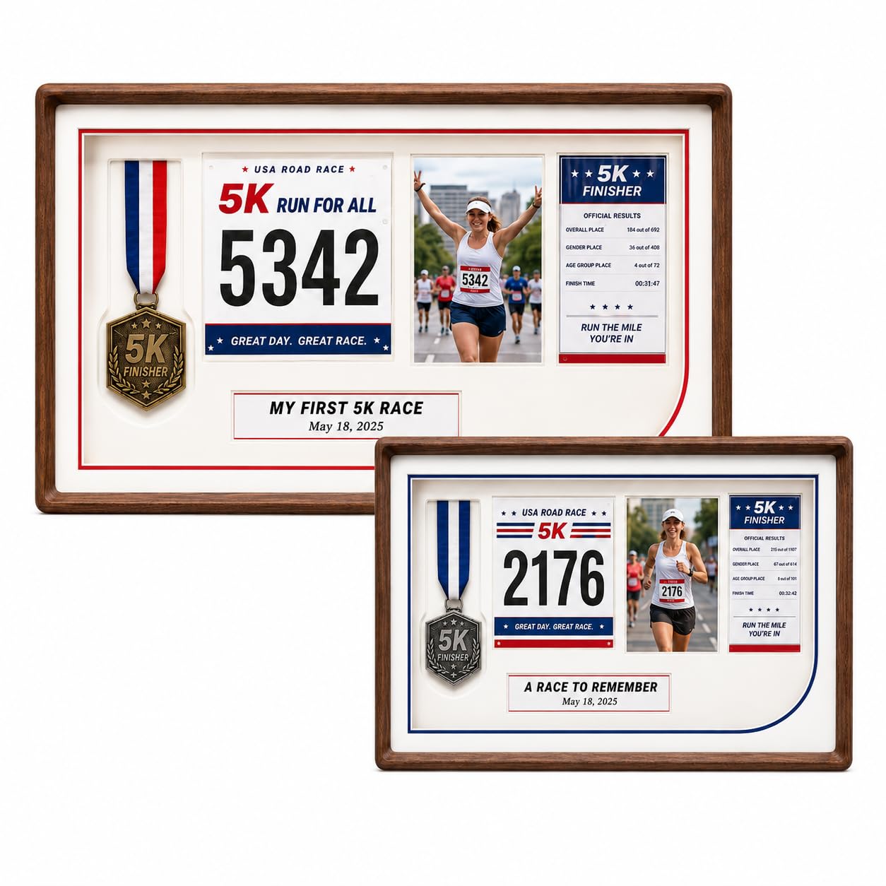 Custom Wood Medal Shadow Box, Race Bib Display for Marathon Running Cycling