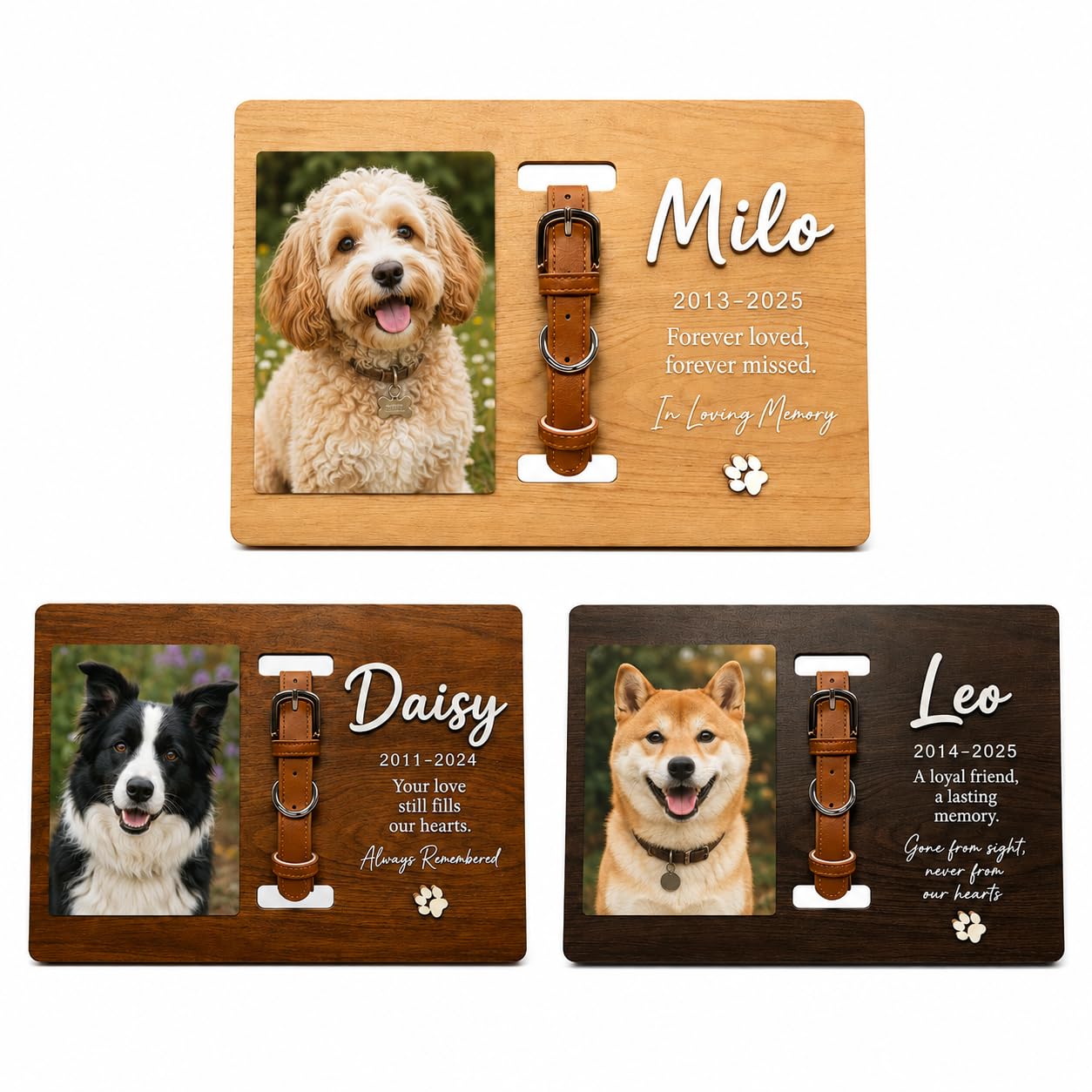 Custom Wood Dog Memorial Frame with Collar Slot, Engraved Name Pet Gift