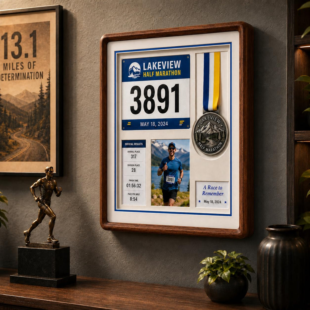 Custom Wood Medal Shadow Box, Race Bib Display for Marathon Running Cycling