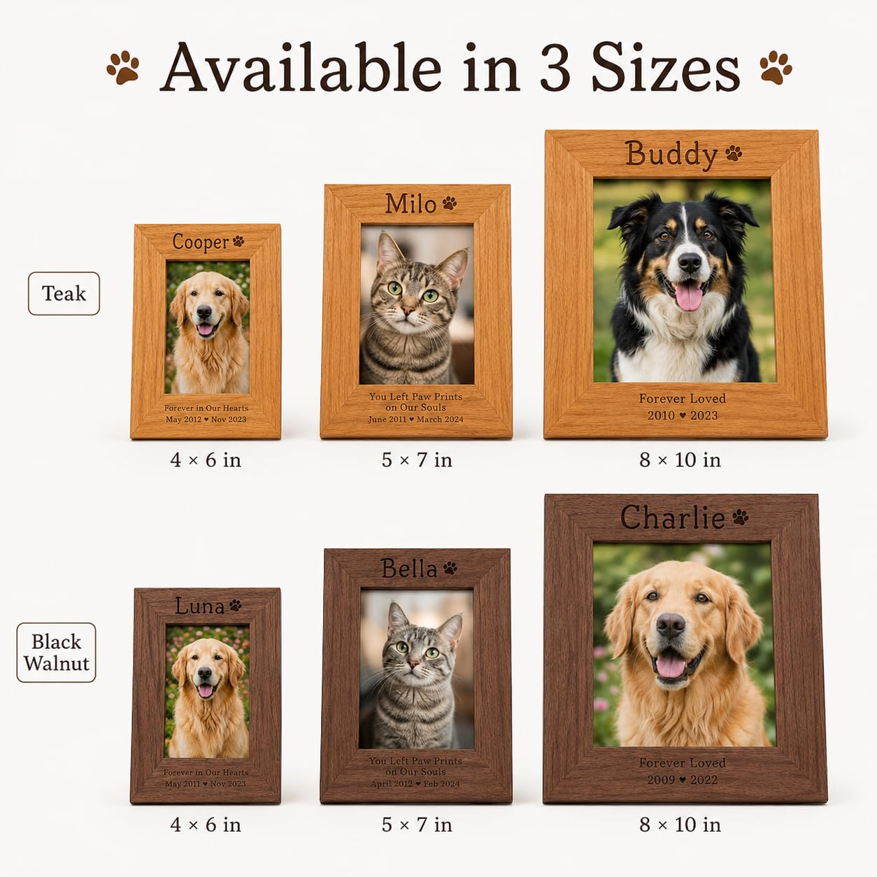 Personalized Pet Memorial Frame, Custom Photo, Teak or Black Walnut
