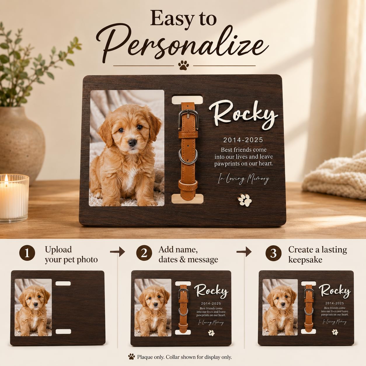 Custom Wood Dog Memorial Frame with Collar Slot, Engraved Name Pet Gift