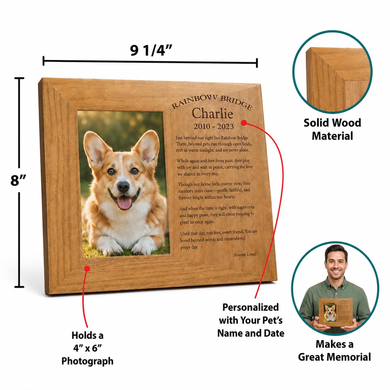 Custom Rainbow Bridge Pet Frame, Engraved Solid Wood 4x6 Dog Cat Loss Gift