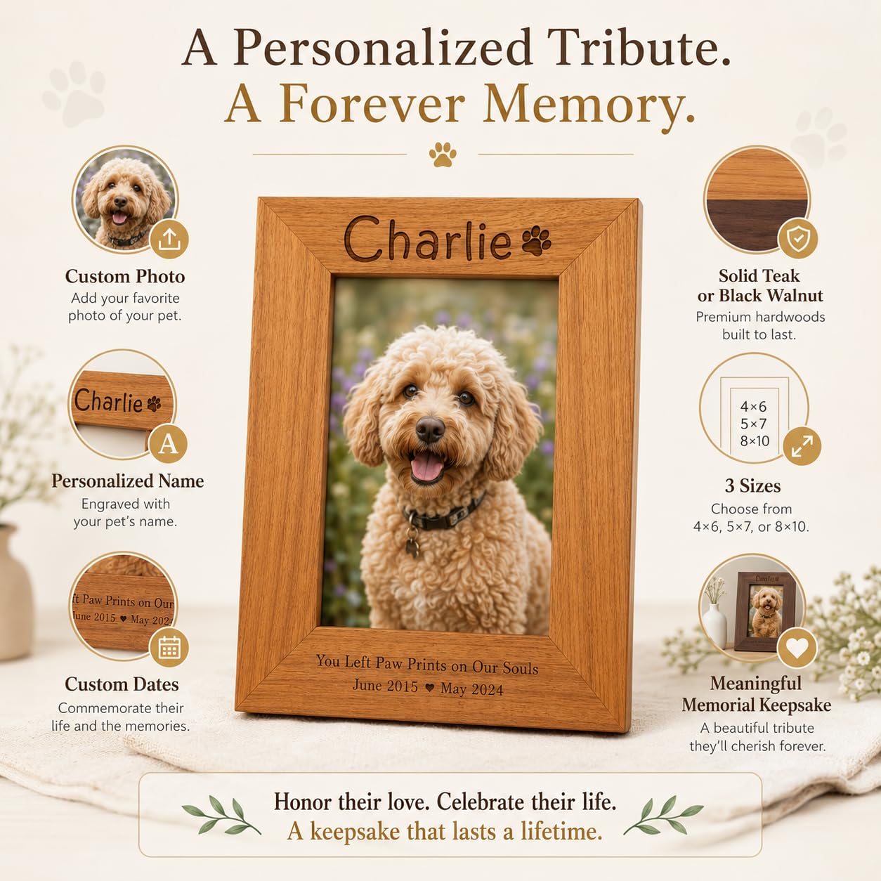 Personalized Pet Memorial Frame, Custom Photo, Teak or Black Walnut