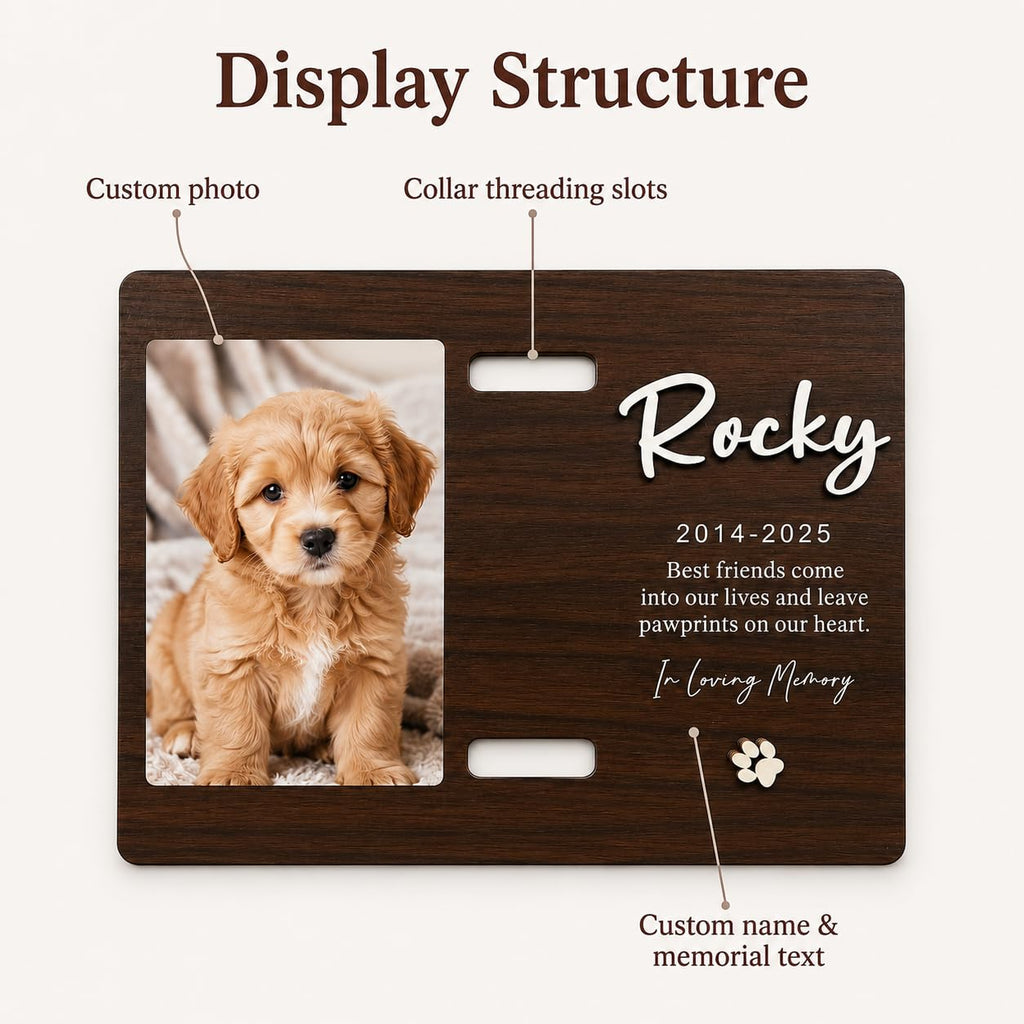 Custom Wood Dog Memorial Frame with Collar Slot, Engraved Name Pet Gift