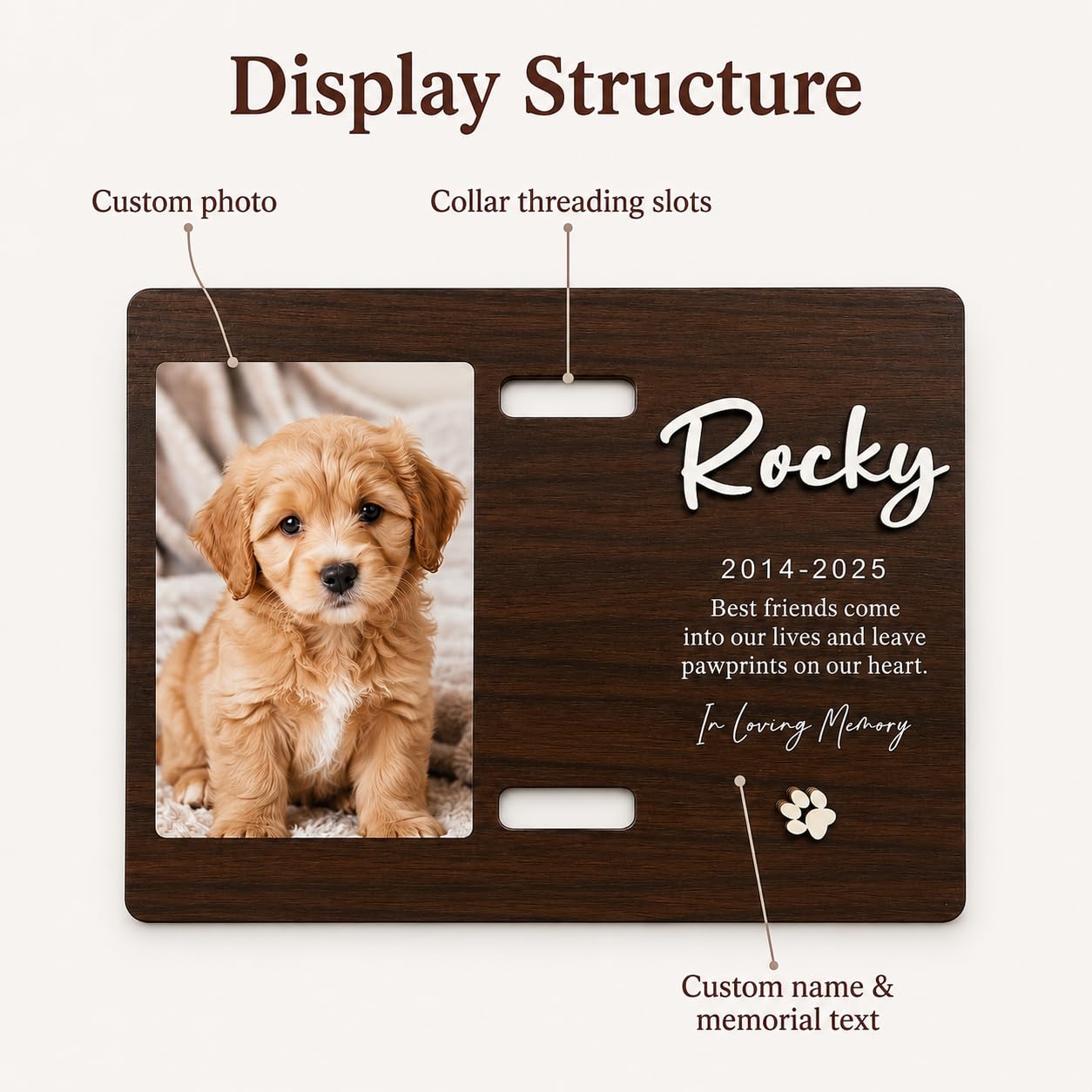 Custom Wood Dog Memorial Frame with Collar Slot, Engraved Name Pet Gift