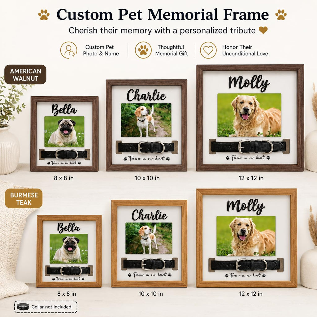 Pet Memorial Frame with Collar Slot, Custom Walnut Teak Wood Dog Cat Gift