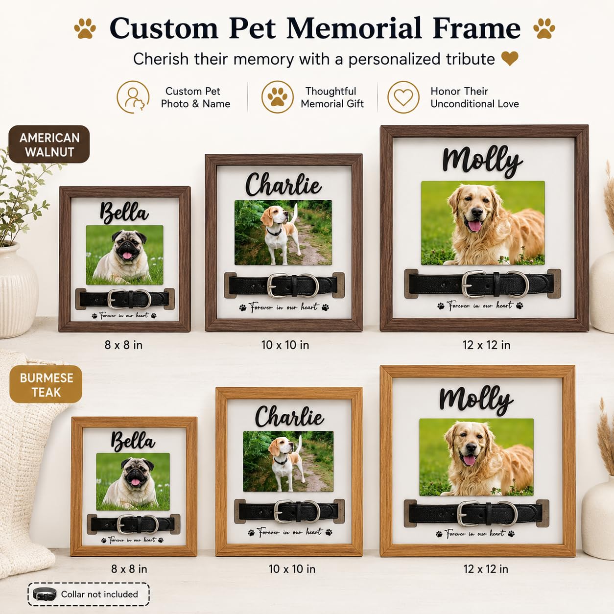 Pet Memorial Frame with Collar Slot, Custom Walnut Teak Wood Dog Cat Gift