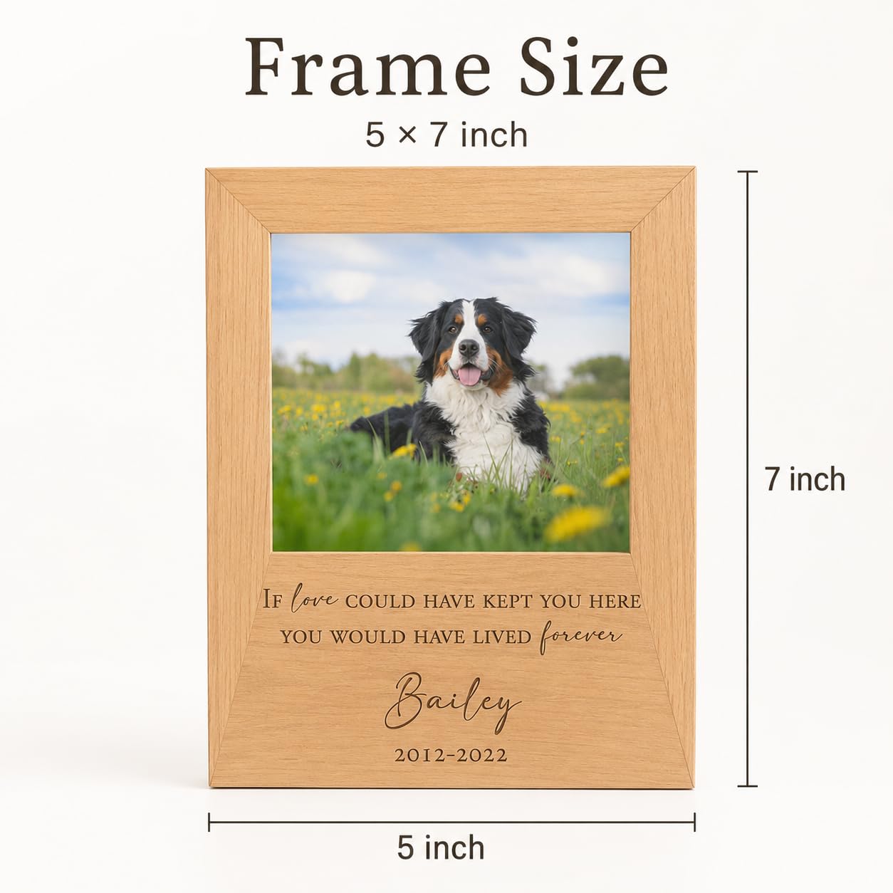 Personalized 5x7 Solid Wood Pet Memorial Frame, Engraved Dog Cat Loss Gift