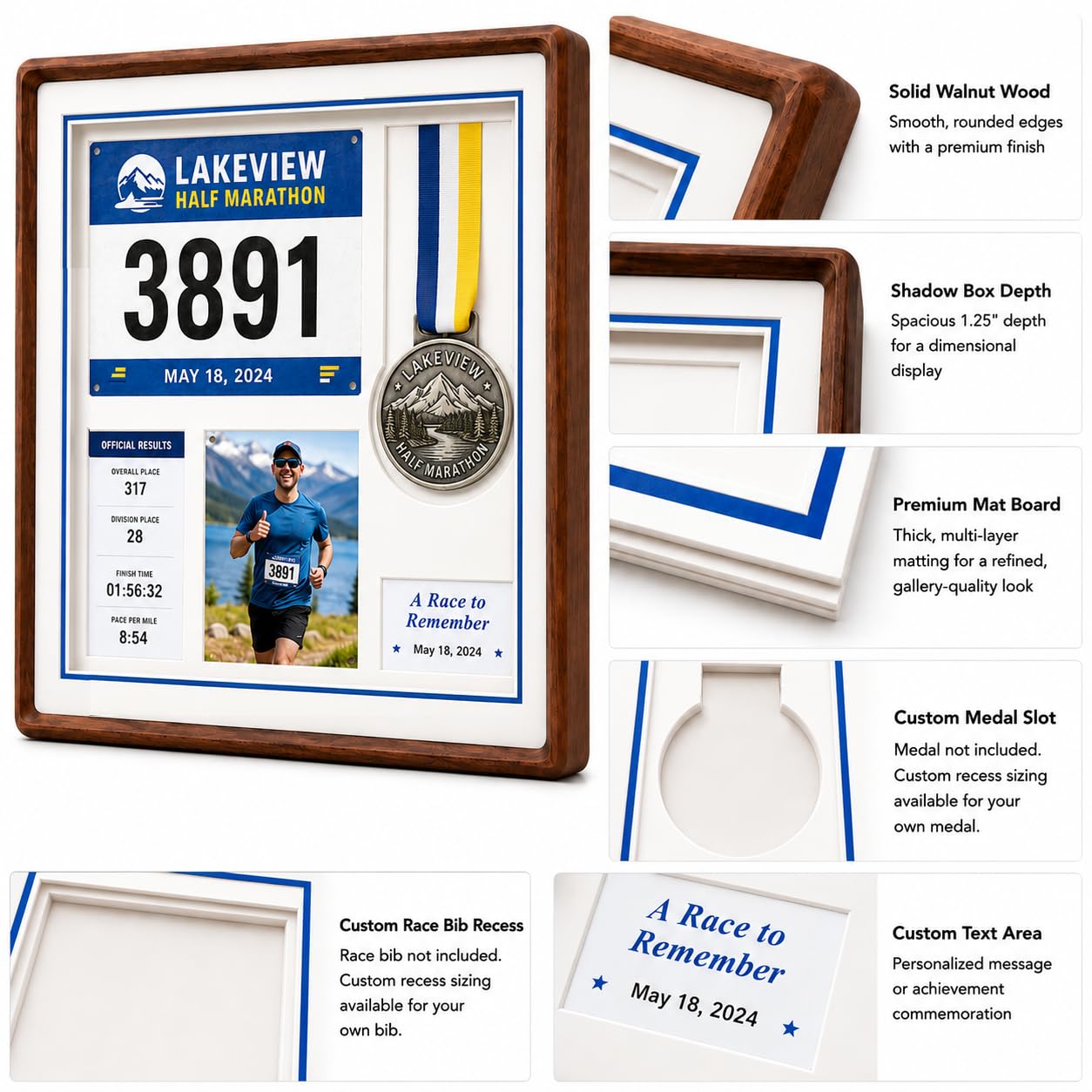 Custom Wood Medal Shadow Box, Race Bib Display for Marathon Running Cycling