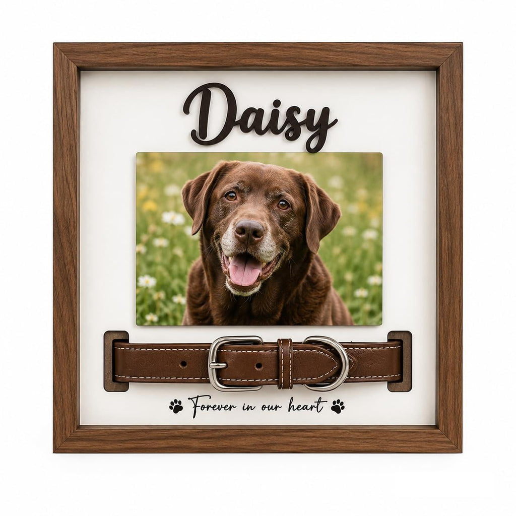 Pet Memorial Frame with Collar Slot, Custom Walnut Teak Wood Dog Cat Gift