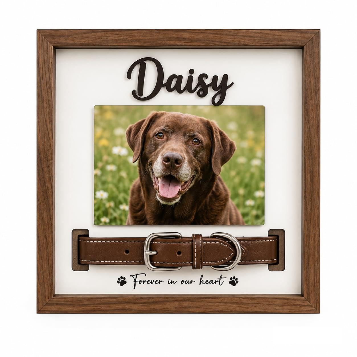 Pet Memorial Frame with Collar Slot, Custom Walnut Teak Wood Dog Cat Gift